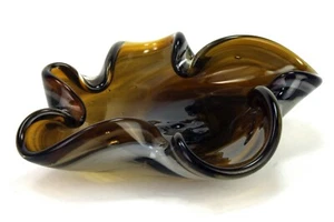 Large Thick Brown and White Ruffled Art Glass Ashtray or Bowl - Picture 1 of 6