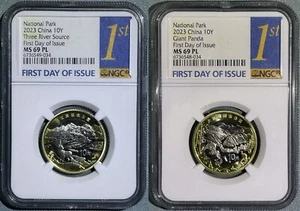China 2023 10 Y Yuan Bimetal Coin NGC MS 69 PL 1st Day Issue National Park Panda - Picture 1 of 2