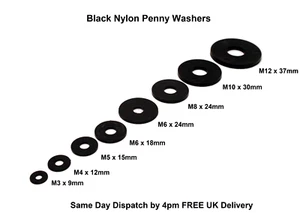 Nylon 66 Penny Washers M3 M4 M5 M6 M8 M10 M12 Black Pack of 4/ 10/ 20 Fenders - Picture 1 of 6