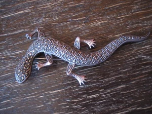prächtige Art Deco Markasit Brosche Eidechse Salamander Gekko 825er Silber 9 cm - Picture 1 of 8