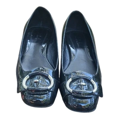 Zapato Cole Haan Mujer Estilo Ballet Negro Patente/Plata Buck Puntera Cuadrada Talla 9B Usado Foto 1 de 4