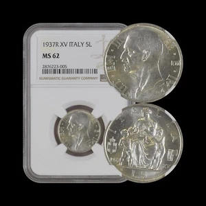ITALY. 1937, 5 Lire, Silver, R - NGC MS62 - Mother and Children, Fertility, Rome - Picture 1 of 7