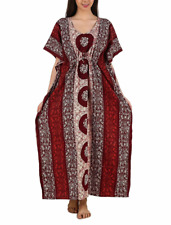Women Cotton Batik Kaftan Maxi Dress Nighty Boho Caftan Kimono Sleeves Brown