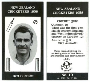 Bert Sutcliffe #10 New Zealand Cricketers Of 1958 Orbit Card - Picture 1 of 1