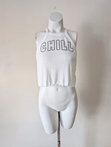 Chill Cropped Tank Top S White Ribbed Bubble Font Y2K Vibe Racer Super Soft - Picture 1 of 13