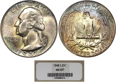 1948-S 25C NGC MS67T WASHINGTON ~ EXQUISITE EYE APPEAL & RARE T SLAB! - Image 1 of 4