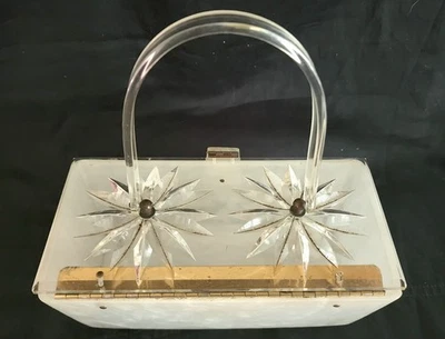 RARE 1950'S MID CENTURY ETCHED SUNBURST STAR LUCITE ACRYLIC HANDBAG - Image 1 of 4