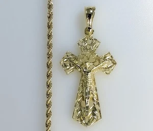 Gold Plated Cross Crucifix Pendant 3mm Chain Necklace Men Women Oro Cruz Cadena - Picture 1 of 7