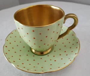 Carlton Ware Green Gilded Demitasse Cup & Saucer Coral Polka Dots - Picture 1 of 6
