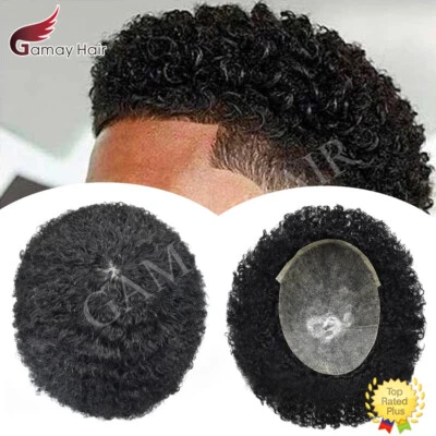 Afro Curly Mens Toupee Full Poly Skin PU Hair System Replacements for Black Men - Image 1 of 4