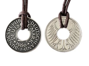 Anhänger Donut 5 DM mit Datum aus 625er Silber und Baumwollband Ø 2 mm - Picture 1 of 6