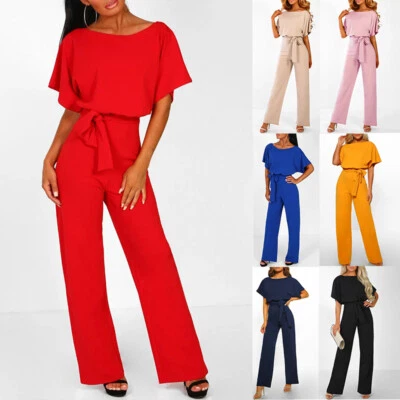 Damen-Overalls Lässig Elegant Kurzärmeliger Spielanzug Mit Gürtel Solider ∧ - Bild 1 von 4