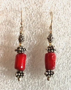 Sterling Silver Earrings Red Coral Beaded Dangle 1.7" 5g 925 7426 - Picture 1 of 8