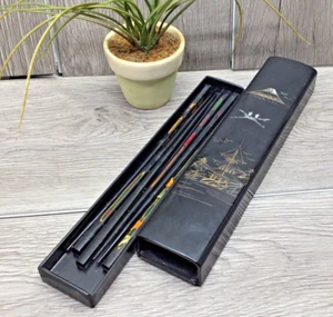 Japanese Chop Sticks In Hand Painted Laquered Hard Plastic Sliding Holder - Picture 1 of 12