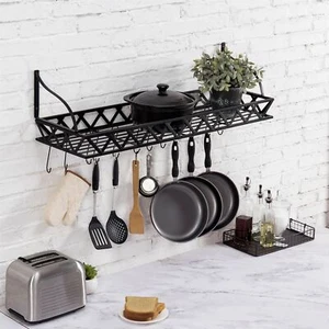 Black Metal Rectangular Wall Mounted Kitchen Pot Rack with 12 Hanging Hooks - Picture 1 of 3