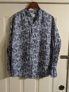 MURANO Italian Blue Paisley/ Floral 100% Linen Men's Band Collar Shirt Sz. Large - Picture 1 of 9