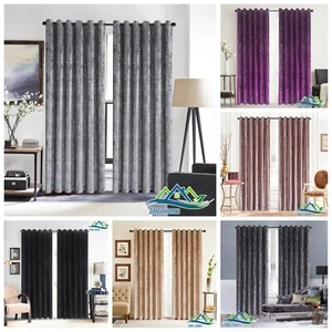 Luxury Crushed Velvet Curtains PAIR Fully Lined Eyelet Ring Top Ready Made - Picture 1 of 81