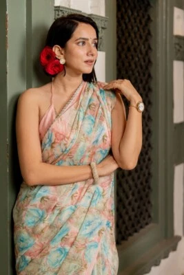 Sari de gasa con estampado floral, georgette (naranja, azul claro) Foto 1 de 4