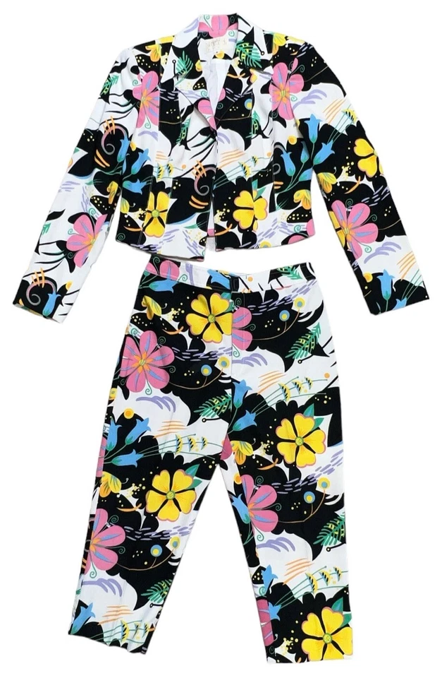 Vintage 90’s Alberto Makalia Floral Croped Pant Suit Sz 4 Retro Boho USA - Image 1 of 4