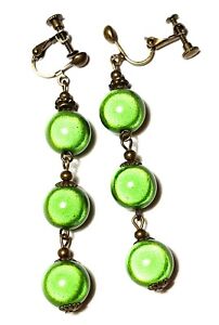 Very Long Bronze Green Miracle Bead Clip-On Earrings Drop Dangle Vintage Style