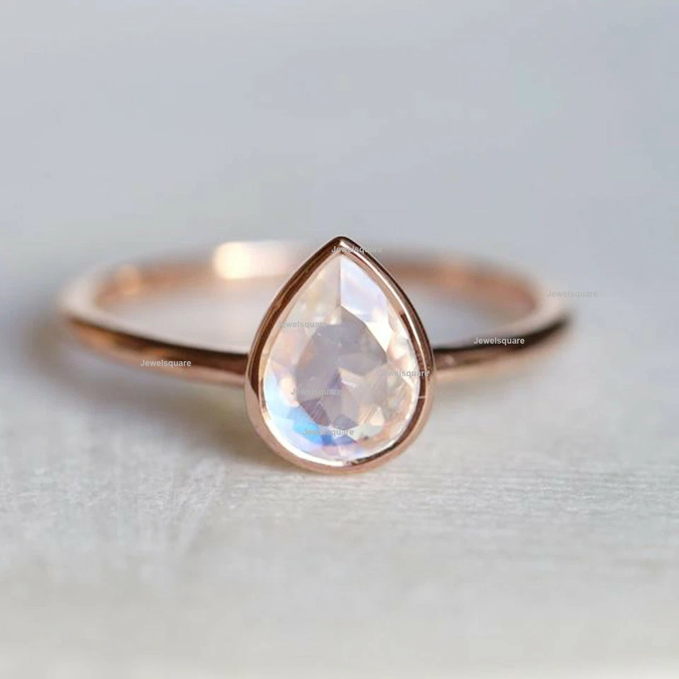 14k Solid Gold solitaire Pear Moonstone Gemstone Bezel Set Ring Gift For Her US7 - Image 1 of 3