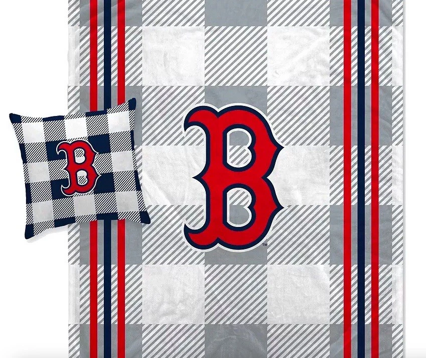 Boston Red Sox Pegasus Gray Plaid Stripes Blanket And Pillow Combo Set - New! - Image 1 of 1