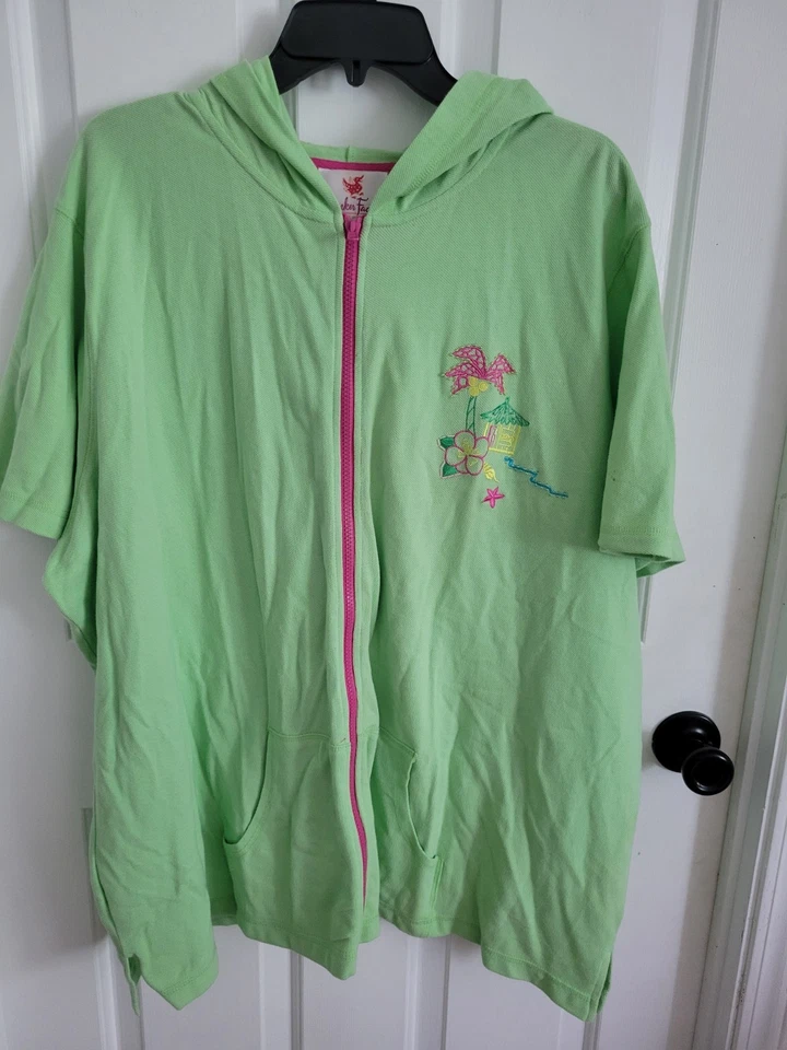 Chaqueta con Capucha Quacker Factory Escena Playa Corte Palma Verde Lima Rosa Talla 3X Foto 1 de 4
