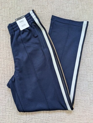 M&S Navy Blue Retro Side Striped Straight Leg Joggers UK Size 8 Short BNWT - Image 1 of 4
