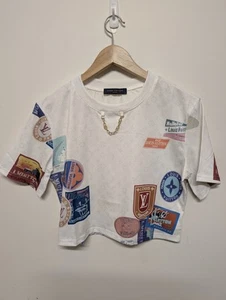 Authentic Louis Vuitton LV Stamp Print Artwork White T-shirt Size M Top Women - Picture 1 of 6