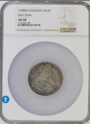 Hungary Silver Hogmouth 1698 Taler Thaler NGC AU58 - Image 1 of 2