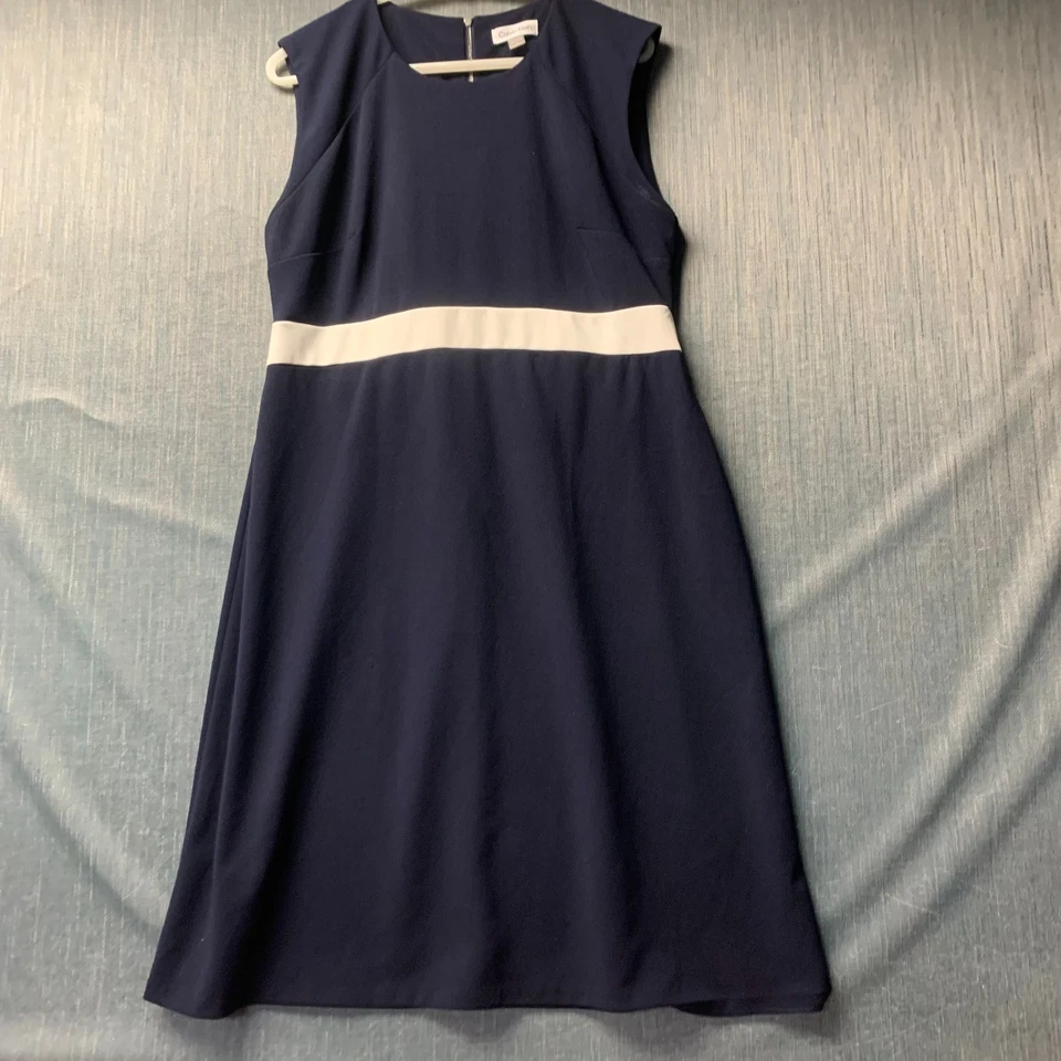Calvin Klein Women's Sheath Dress Size 12 Blue Sleeveless White Stripe Polyester - Image 1 of 4