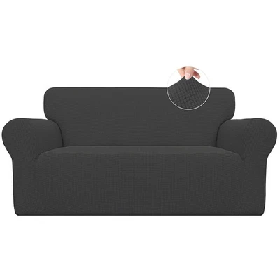 Funda de sofá loveseat gris oscuro suave y elegante - parte inferior elástica, fácil cuidado Foto 1 de 4