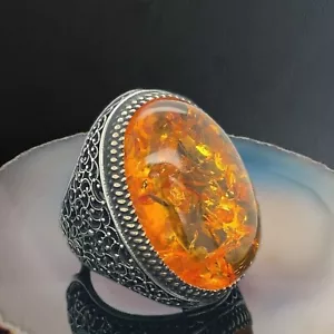 Amber Stone Men's Ring 925 Sterling Silver Men's Jewelry Natural Stone Handmade - Picture 1 of 5
