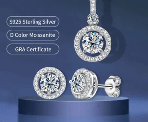 6,5 mm Runde Moissanit Anhänger Halskette Ohrringe Set Rhodiniert 925 Silber - Bild 1 von 10