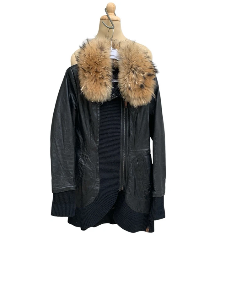 Chaqueta de cuero negra para mujer Rudsak cuello de piel XL Canadá abrigo de invierno de lujo #Z35 Foto 1 de 4
