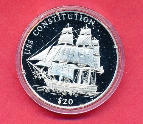 LIBERIA - $20.00 - 2000 - SILVER PROOF CROWN - U.S. CONSTITUTION SHIP WITH COA Cover