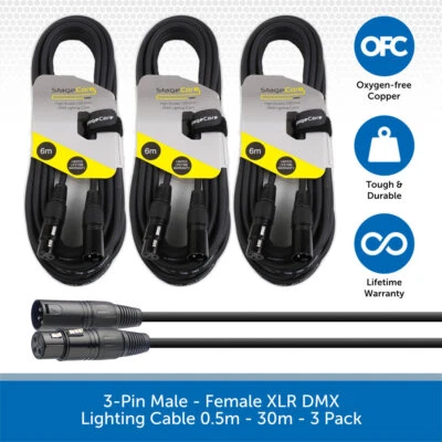 3 Pack Stagecore Male to Female XLR DMX 120Ω Lighting Cable Leads 0.5m-30m