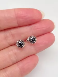 925 Sterling Silver Bali Granulation Black Onyx Stud Earrings TINY 6mm(3.5mm) - Picture 1 of 10