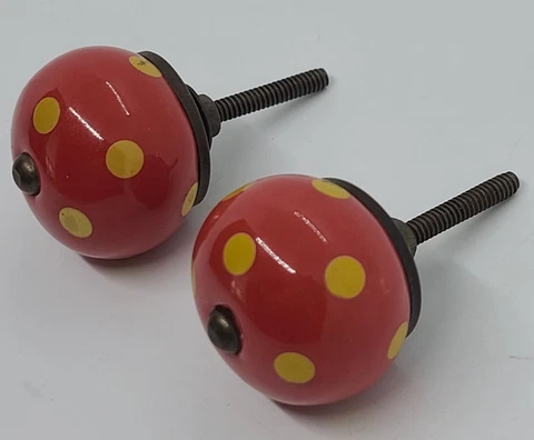 Antique Pair Red Round Porcelain with Yellow Spots Drawer Cabinet Pull Handles Cover