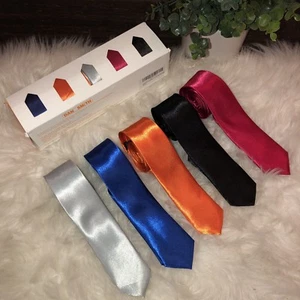 Skinny Tie Set Red Blue Black Silver Orange NEW - Picture 1 of 4