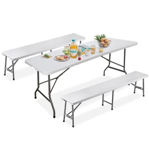6' Portable Folding Table + 2 PCS Plastic Folding Bench for Camping Party Picnic - Picture 1 of 19