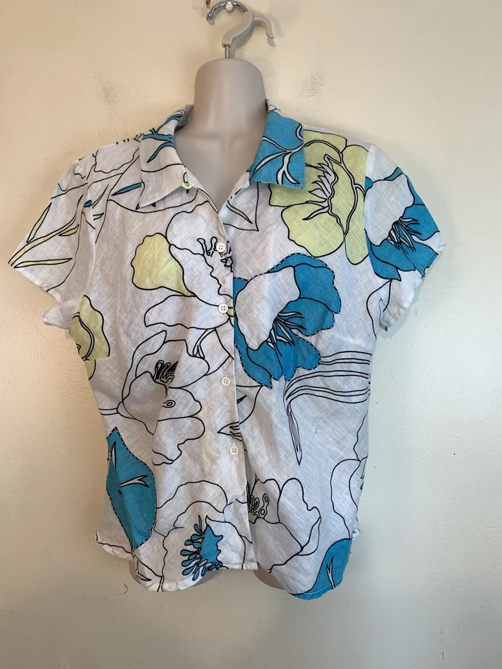 Uniform By John Paul Richard 100% Linen  Floral Blouse Women's Sz Petite L - Image 1 of 4