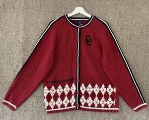 Oklahoma University Red Medium Knit Cardigan Sweater Boomer Sooner Logo Argyle - Picture 1 of 8