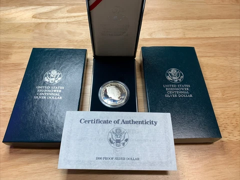 1990 Eisenhower Centennial Silver Dollar 90% Green Box OGP US MINT COA Cover