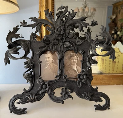 Antique French Art Nouveau Double Photo Frame In Blackened Solid Copper - C 1880 - Image 1 of 4