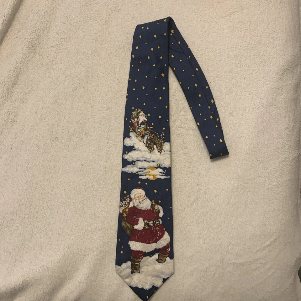 Corbata Adolfo 100 % seda para hombre Navidad Papá Noel reno vacaciones azul marino Foto 1 de 3