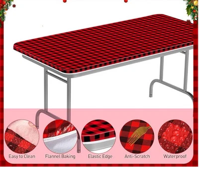 2 Vinyl Tablecloths Buffalo Plaid Fitted Rectangle 5x2 Red Check Outdoor BBQ - Image 1 of 2
