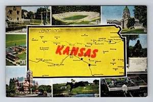 Mapa de Kansas, Montaje de Imágenes de Kansas Tarjeta Postal de Recuerdo de Colección - Imagen 1 de 2