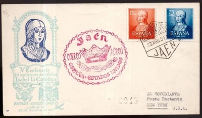 Spain, 1951 Isabela la Catolica flown cover Jaen-New York   -HK17 - Image 1 of 3