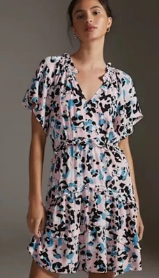 全新无标签 Anthropologie Robin 层叠迷你连衣裙 XL Flutter 袖粉色 — 第 1/4 张图片